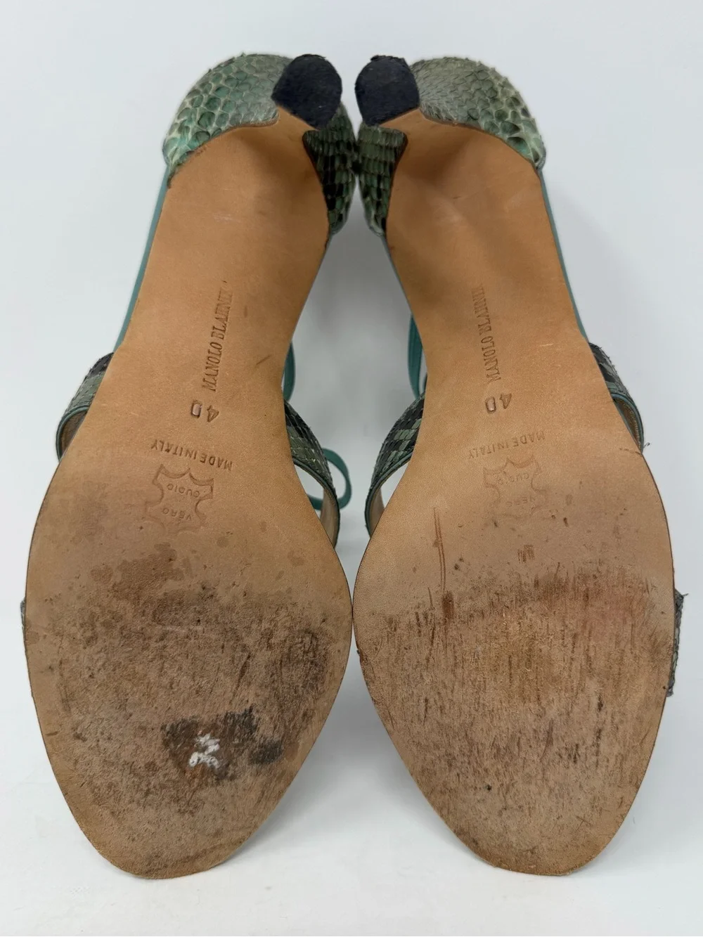 Manolo Blahnik Green Snakeskin Lace Up Sandal Heels Womens Size EU 40